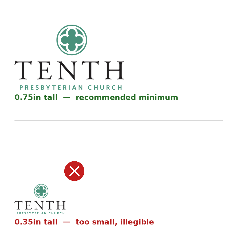 Diagram comparing the logo at 0.75 inches tall, the recommended minimum, against 0.35 inches tall, which is too small and illegible
