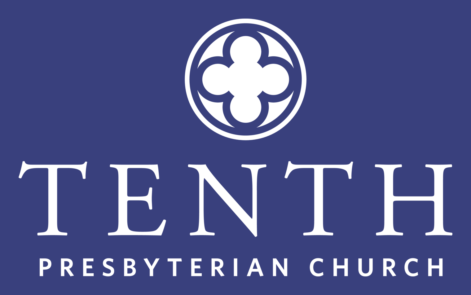 White logo knocked out of a blue background, showing the knockout background can be any color with enough contrast